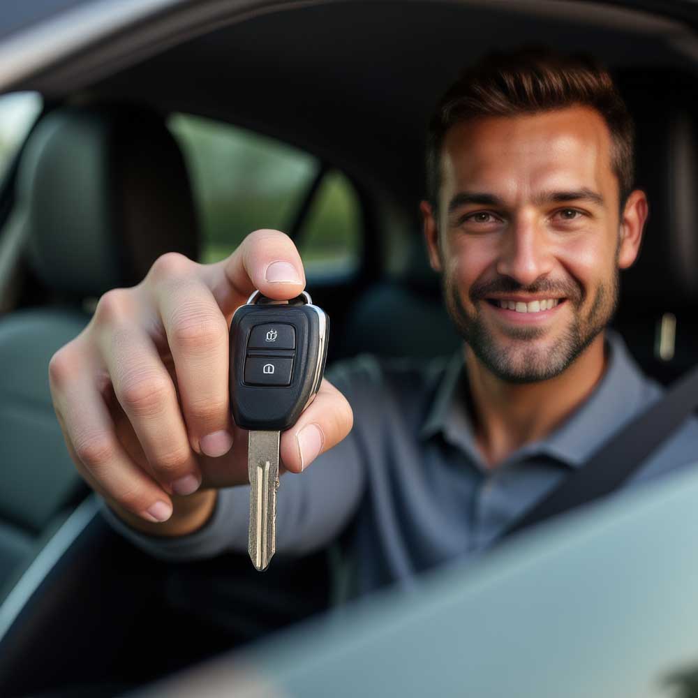 jakobson-services-ersatzwagen-web Services-Ersatzwagenservice-Ein Kunde sitzt in seinem Ersatzwagen und zeigt den Autoschlüssel